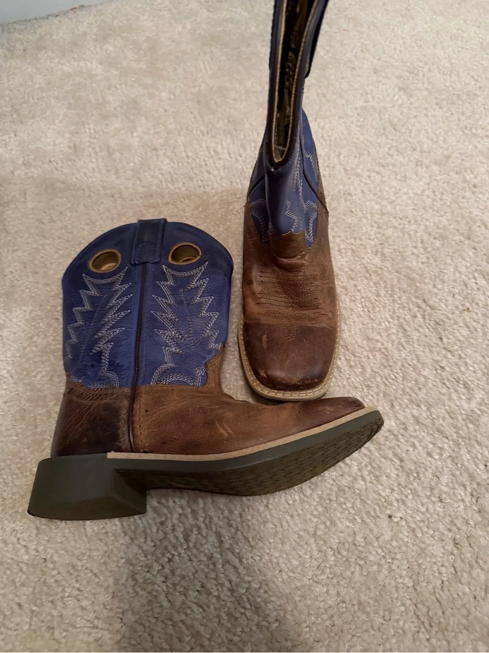 Kids Brown Leather & Blue Pull-On Western Boots